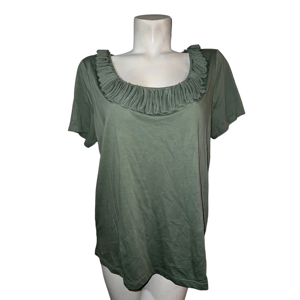 Talbots Top Woman Olive Green Pima Cotton Decorated Neck Short Sleeve Shirt 1X